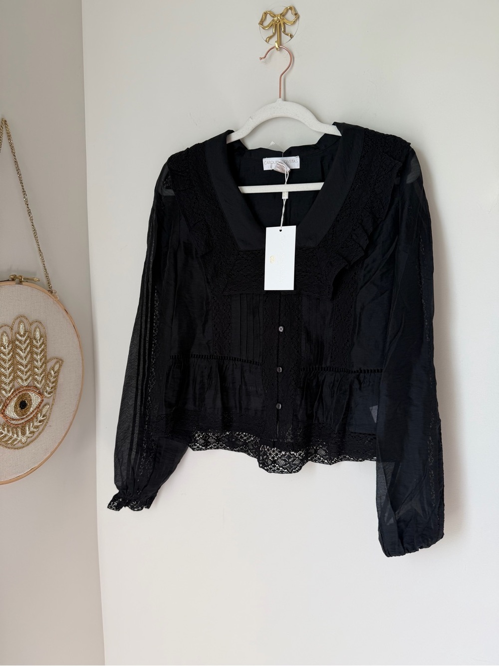 Black Lace-Trim Button Front cotton Blouse